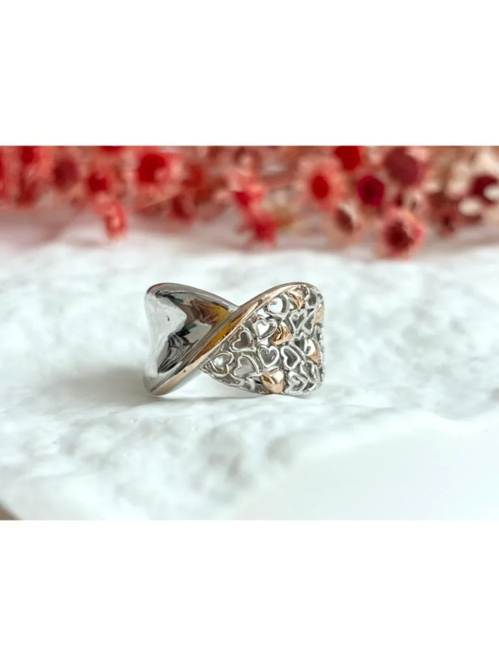 Dual Toned Gold Overlay Heart Crossover Sterling Silver 925 Vintage Ring sz 7.25